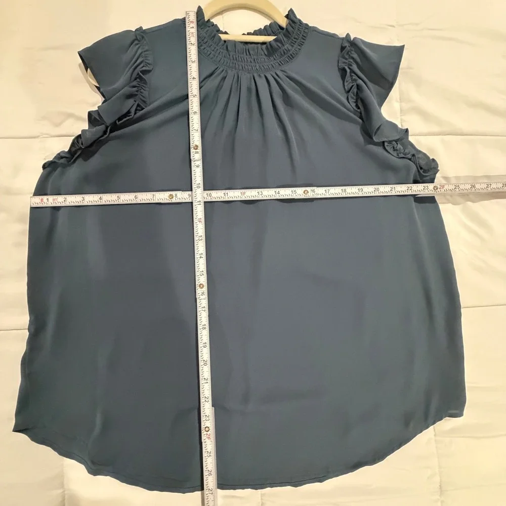 LOFT Outlet Blouse XL Blue Smocked‎ Mock Neck Ruffle Sleeve